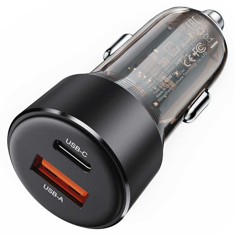 מטען מהיר לרכב, חיבור כפול (USB-A ו-USB-C), עיצוב מינימליסטי