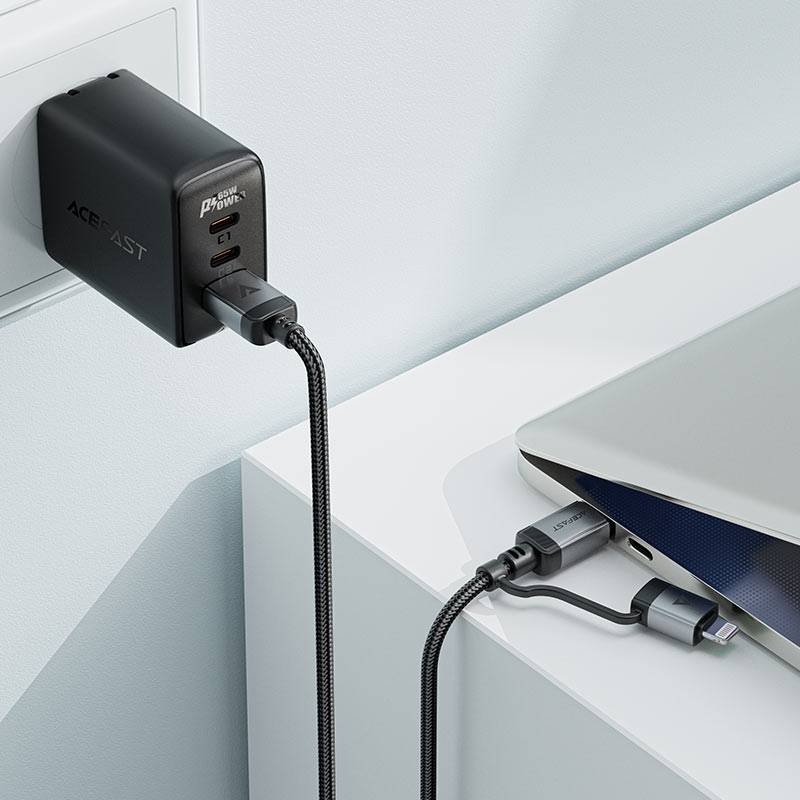 כבל סנכרון וטעינה איכותי USB-C ל-USB-C עם מתאם Lightning מובנה, קלוע