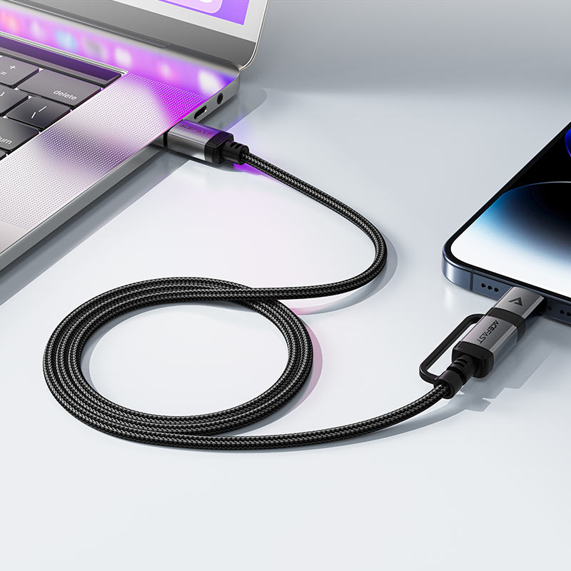 כבל סנכרון וטעינה איכותי USB-C ל-USB-C עם מתאם Lightning מובנה, קלוע