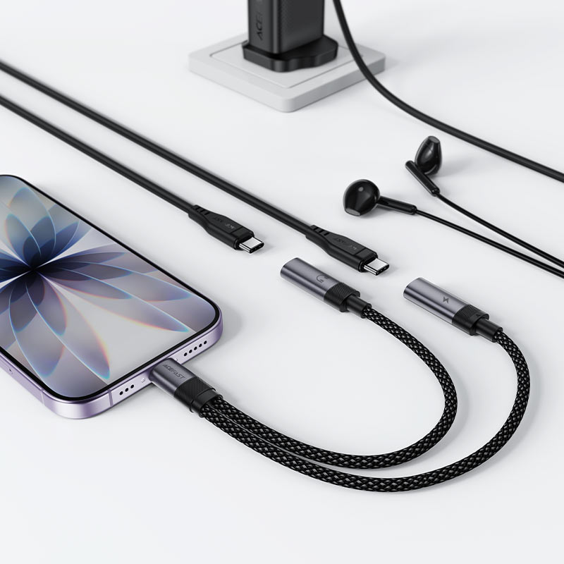 מפצל אודיו וטעינה ACEFAST J14 מטייפ סי לזוג חיבורי USB-C – טעינה מהירה 60W, שמע Hi-Fi וכבל ניילון קלוע