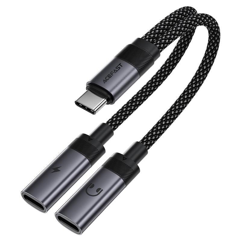 מפצל אודיו וטעינה ACEFAST J14 מטייפ סי לזוג חיבורי USB-C – טעינה מהירה 60W, שמע Hi-Fi וכבל ניילון קלוע