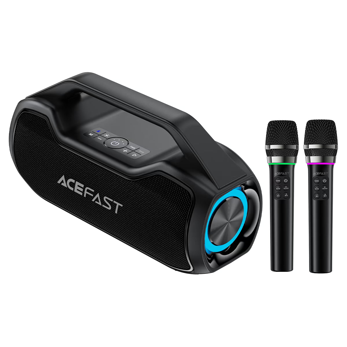 רמקול נייד ובידורית קריוקי ACEFAST K14 – עוצמת שיא 120W, זוג מיקרופונים אלחוטיים, תאורת RGB וסוללה עד 28 שעות