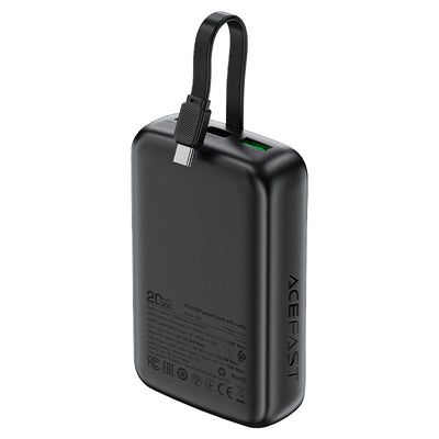 מטען נייד (סוללת גיבוי) 20000mAh לטעינה מהירה PD 22.5W עם כבל טעינה USB-C מובנה, שחור