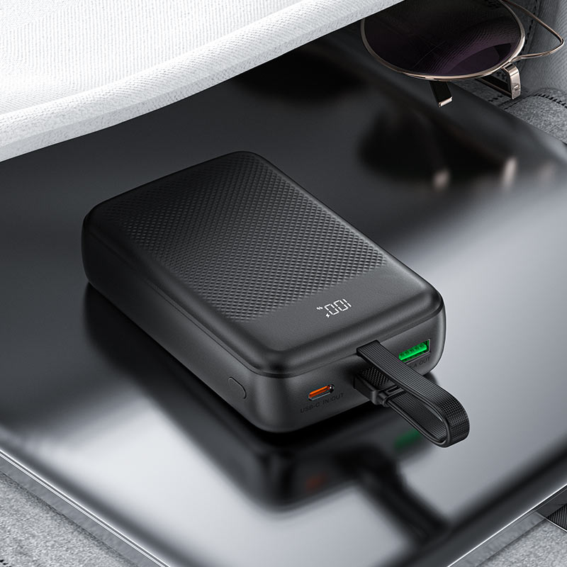 מטען נייד (סוללת גיבוי) 20000mAh לטעינה מהירה PD 22.5W עם כבל טעינה USB-C מובנה, שחור