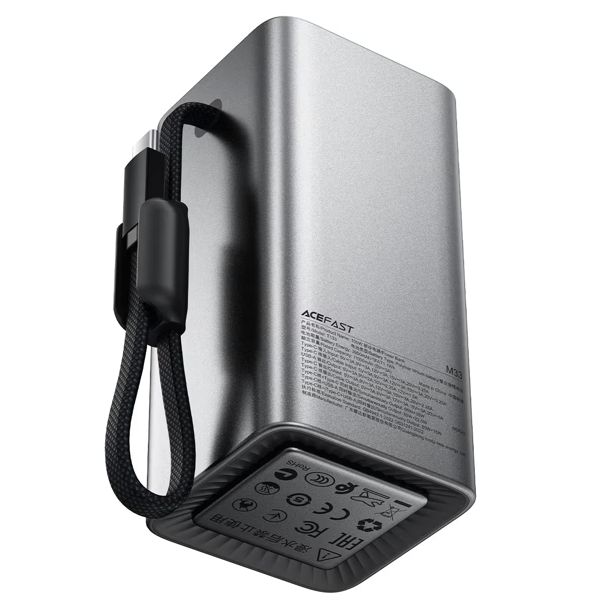 מטען נייד עוצמתי ACEFAST M33 20000mAh PD 100W – כבל מובנה ושרוך נשיאה, מסך TFT צבעוני חכם וטעינה מהירה למחשבים ניידים