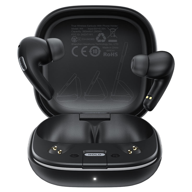 אוזניות אלחוטיות עם מעמד מובנה לטלפון Acefast W4 TWS – עיצוב אולטרה-קומפקטי וסאונד עוצמתי, שחור