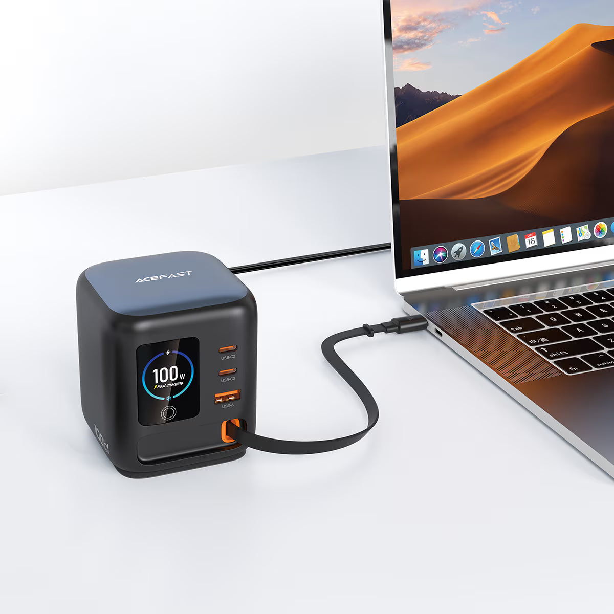 מטען שולחני חכם ACEFAST Z10 PD100W GaN – הספק 100W, כבל USB-C נשלף ומסך צבעוני
