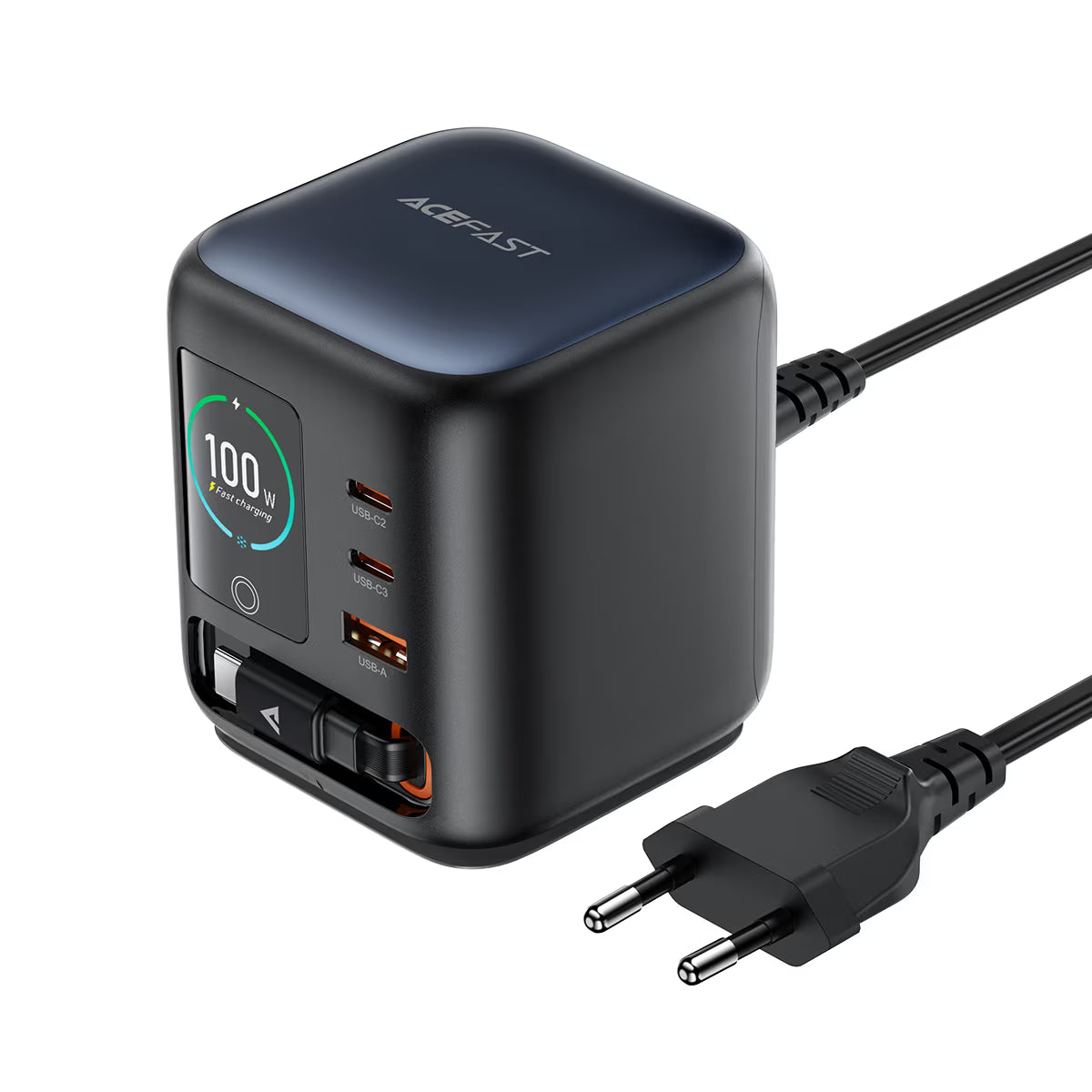 מטען שולחני חכם ACEFAST Z10 PD100W GaN – הספק 100W, כבל USB-C נשלף ומסך צבעוני