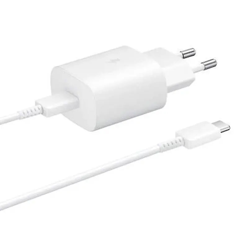 סט ראש מטען קיר סמסונג וכבל USB-C ל-USB-C, טעינה מהירה 25W, לבן